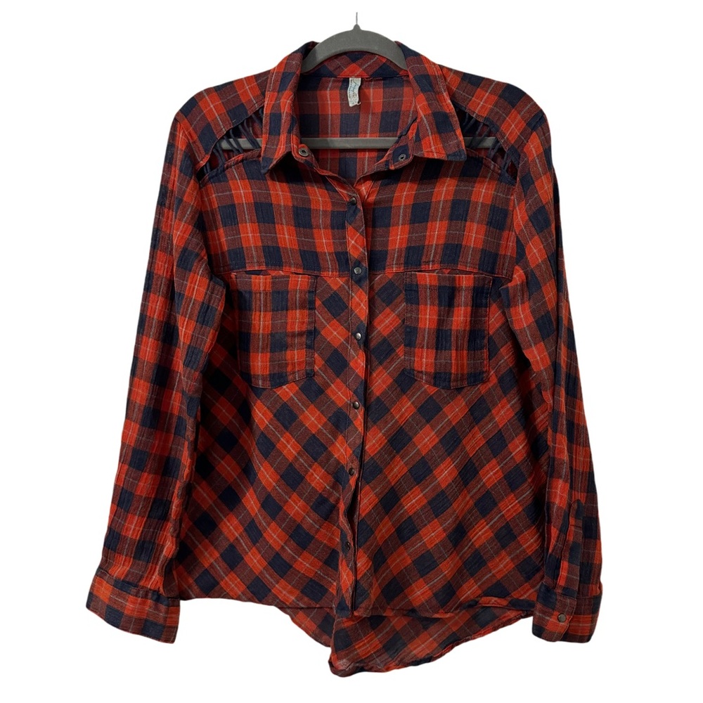 Free People Cut Out Snap Top Small Rust Orange Plaid Gauzy Oversized Boho Grunge